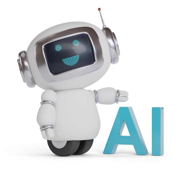 Cute happy robot with AI text isolated on white background 3d illustration