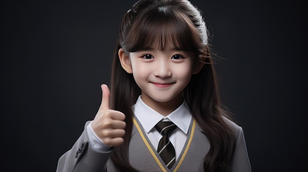 Милая счастливая улыбающаяся азиатская девочка показывает большой палец вверх и копирует место для текста
