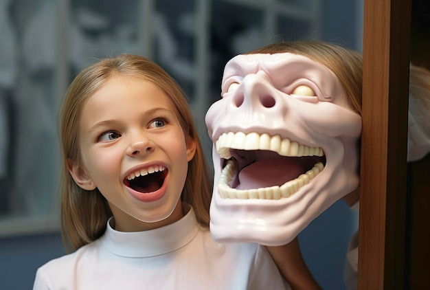 사진 귀여운 행복한 미소 작은 소녀는 그녀의 입 앞에 이빨의 인형 모델을 보여줍니다