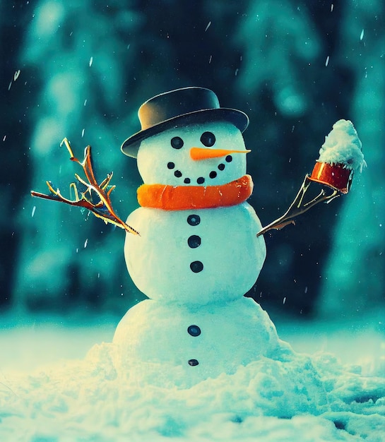 Cute happy snowman toy on winter background