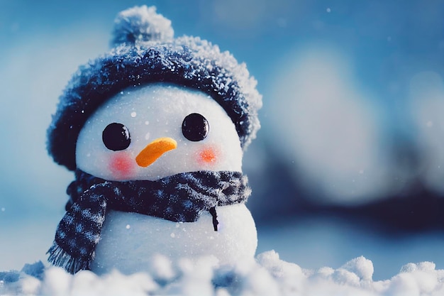 Cute happy snowman toy on winter background