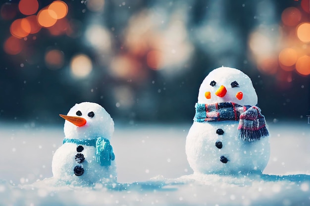 Cute happy snowman toy on winter background