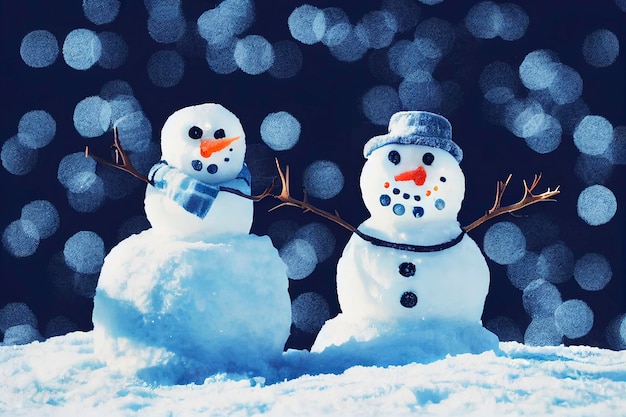 Cute happy snowman toy on winter background