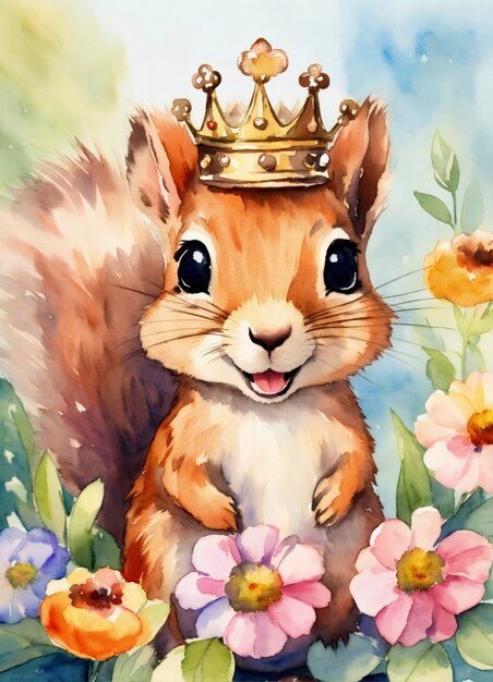 Photo a cute happy squirrel with crown watercolor style