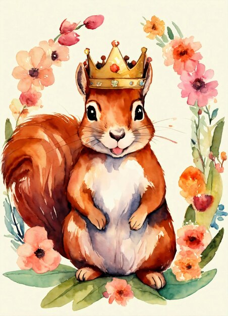 Photo a cute happy squirrel with crown watercolor style