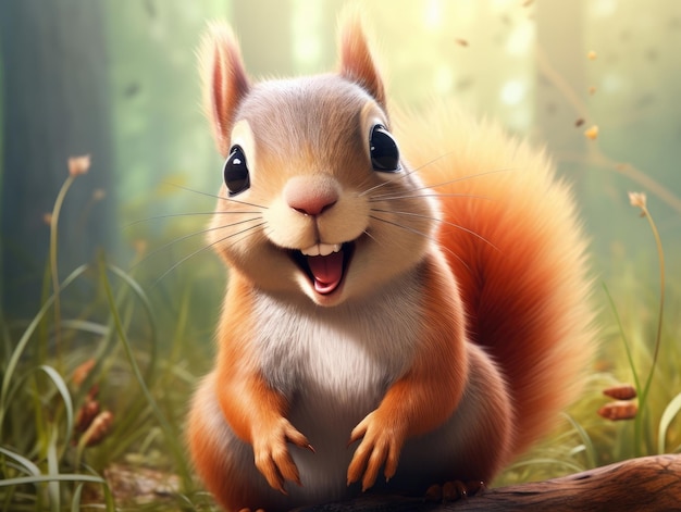 A cute and happy squirrel with eyes wide open in cartoon style