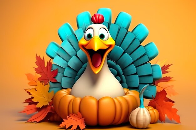 Cute happy turkey character animated thanksgiving illustration background generative ai