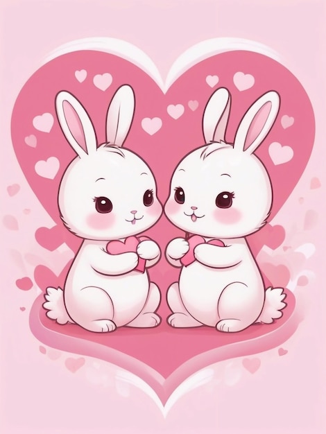 Cute Happy Valentines Day holiday card design with cute kawaii cartoon rabbits in love with hearts