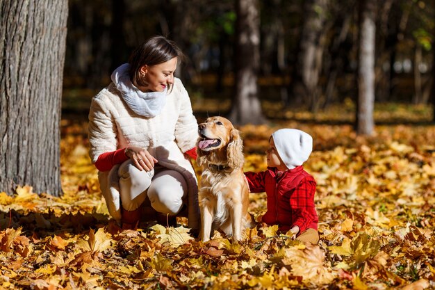 黄色の葉の間で笑顔で犬と遊んで赤いシャツを着たかわいい、幸せな、白い男の子。秋の公園でお母さんと楽しんでいる小さな子供。子供とペット、幸せな家族の間の友情の概念