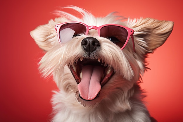 Фото Милая белая пушистая собака в красных солнцезащитных очках на ярко-красном фоне