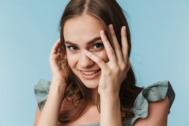 Cute happy young lady looking camera.