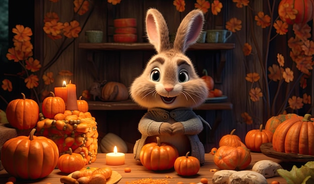 Photo cute hare or rabbit character at home in the autumn forest surrounded by pumpkins at night generativ