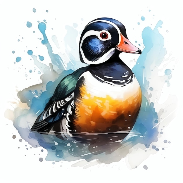 Cute Harlequin duck with its bold markings bird watercolor illustration clipart