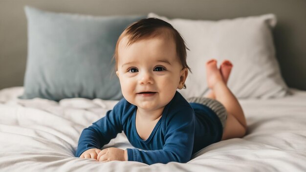 Photo a cute healthy little baby is lying on a bed on white bedding at home in a blue bodysuit the kid lo