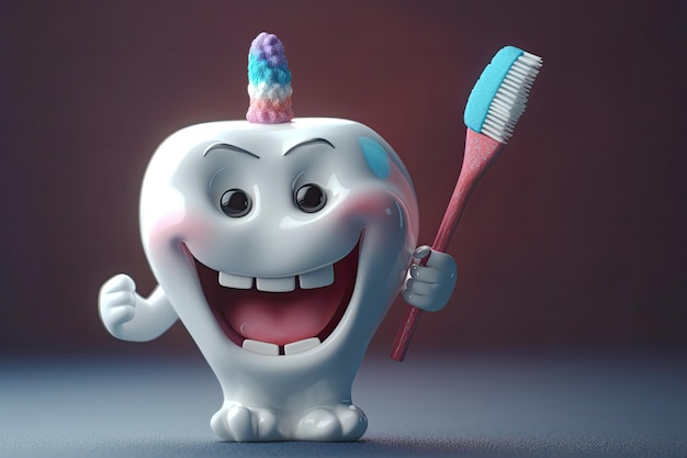 Foto cute healthy shiny cartoon tooth character holding toothbrush childrens dentistry concept illustration