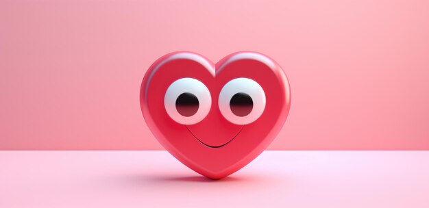 Photo cute heart on a one tone background with emotion cartoon heart with big realistic eyes pink shades