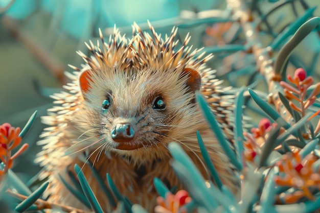 Photo cute hedgehog amidst vibrant orange flowers and greenery exotic pet in nature scene wildlife