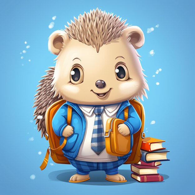 Cute hedgehog animal student character with school