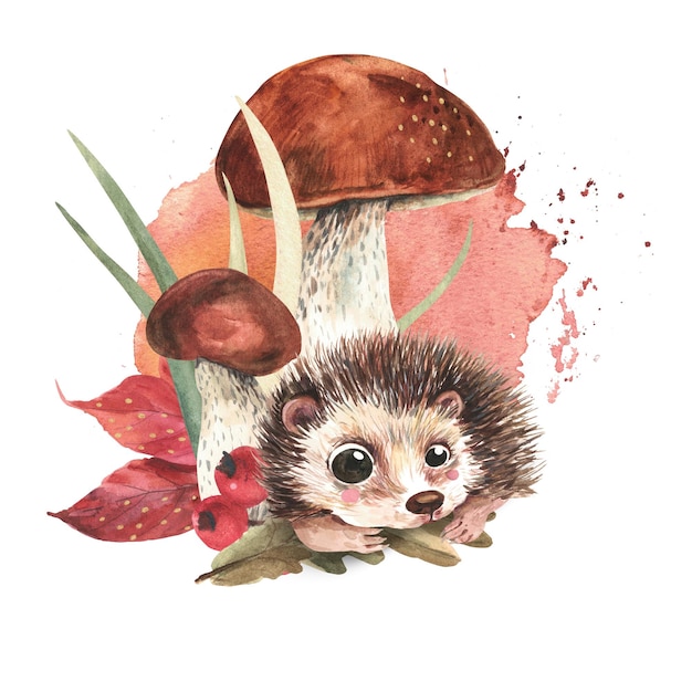 Photo cute hedgehog on the background of mushrooms red berries grass watercolor illustration