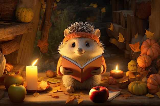Cute hedgehog character reading book at home in the autumn forest surrounded by pumpkins at night ge