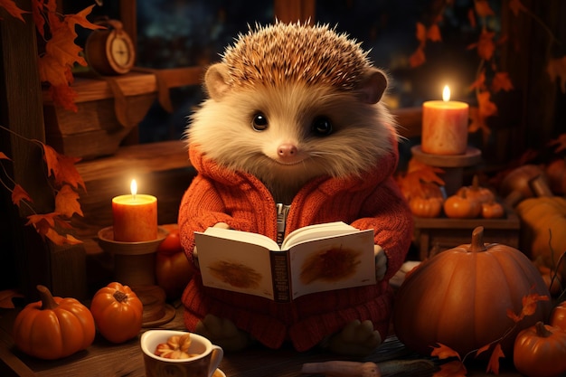 Cute hedgehog character reading book at home in the autumn