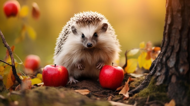 Cute hedgehog in forest with apple