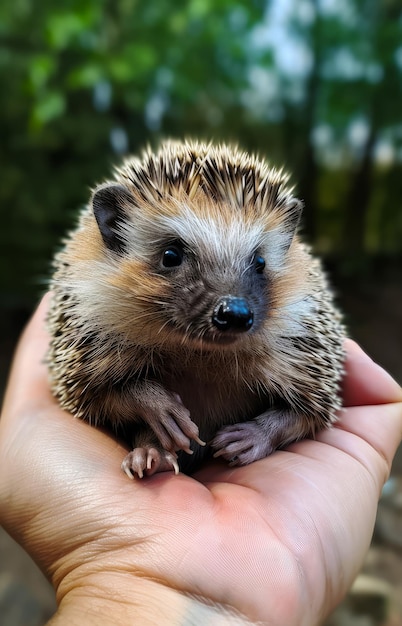 Cute hedgehog in hands sitting Small domestic animal holding in hands