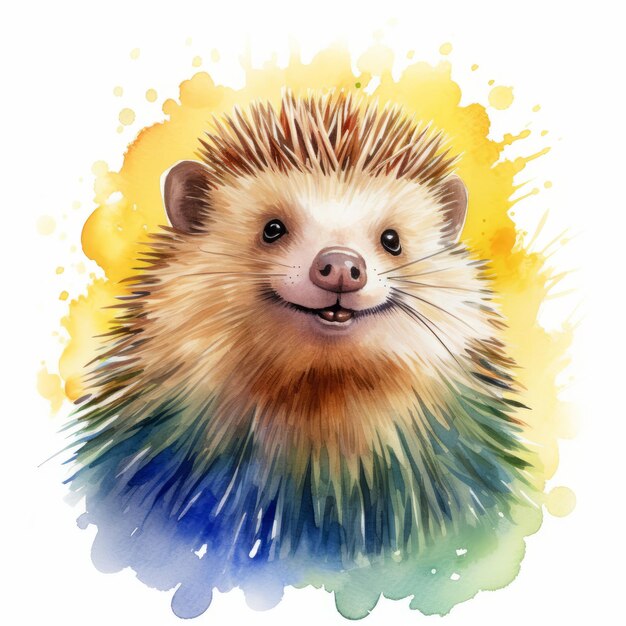 Photo a cute hedgehog illustration in watercolor, featuring a happy and jolly expression. the drawing is done in a realistic style with vibrant colors and strong facial expression. inspired by the works of