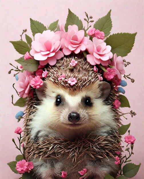 Photo cute hedgehog illustration with flowers around