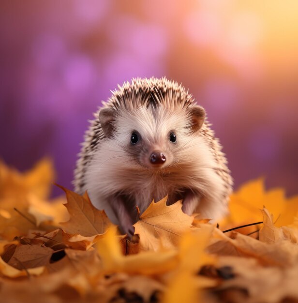 a cute hedgehog posing against a yellow leaf