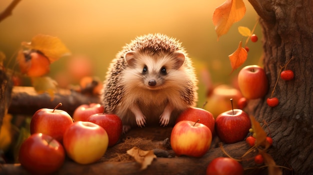 A cute hedgehog sits in autumn leaves against the backdrop of a beautiful autumn landscape High quality photo