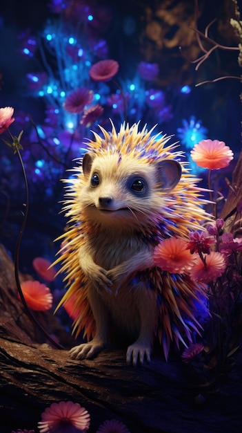 A cute hedgehog sitting on a branch with beautiful flowers in the background