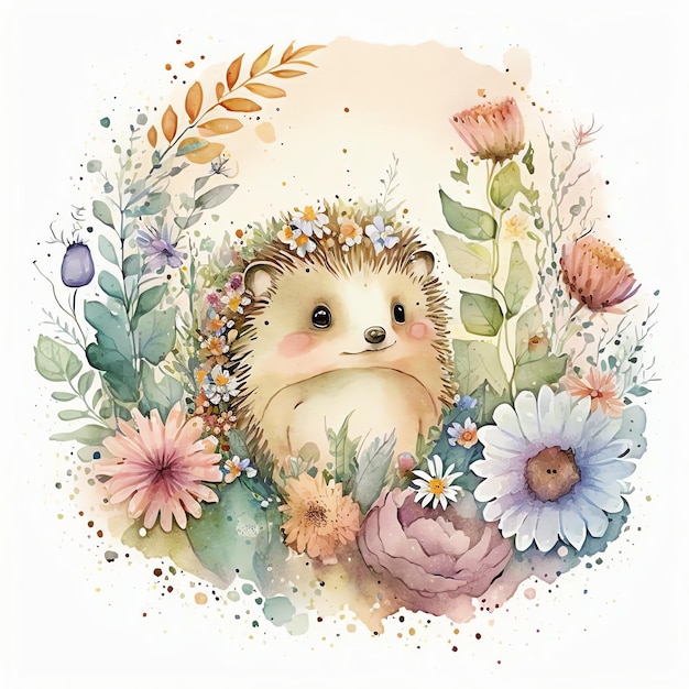 Photo cute hedgehog in watercolor styles created with generative ai technology