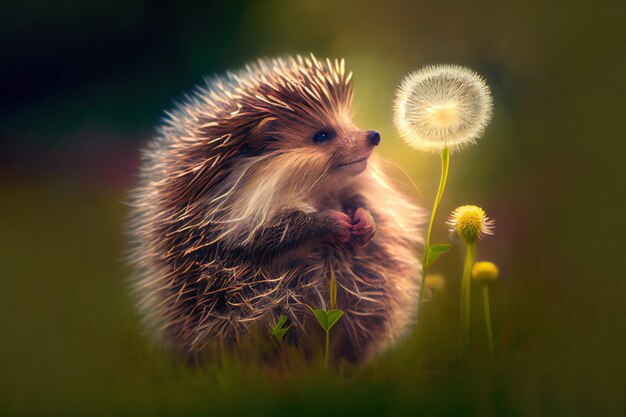 Cute hedgehog with dandelion Generative Ai