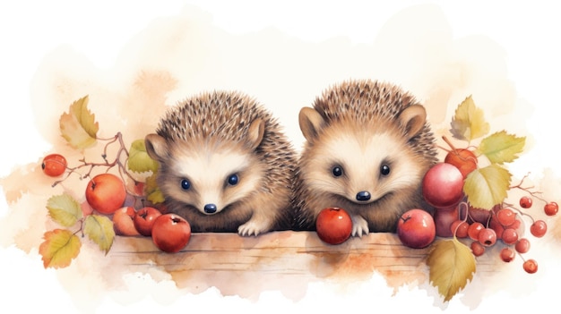 Cute Hedgehogs Enjoying Autumn Berries AI Generated