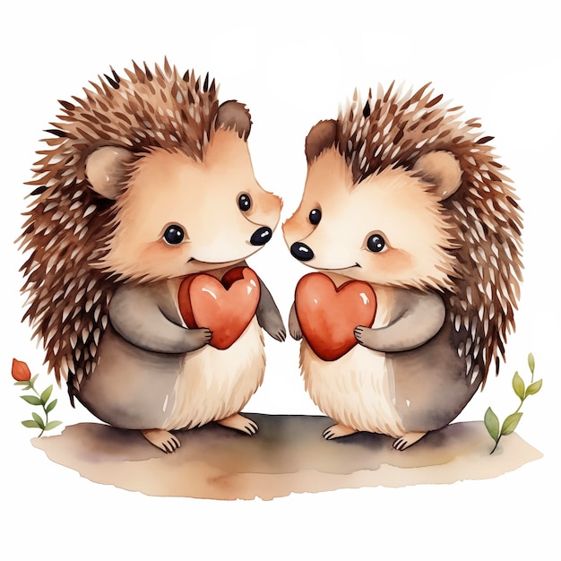 Cute hedgehogs exchange hearts on white background