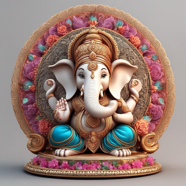 可愛いヒンドゥー教の神 ⁇ ガネーシャ神 ⁇ 花の装飾で満たされた色 ⁇ 