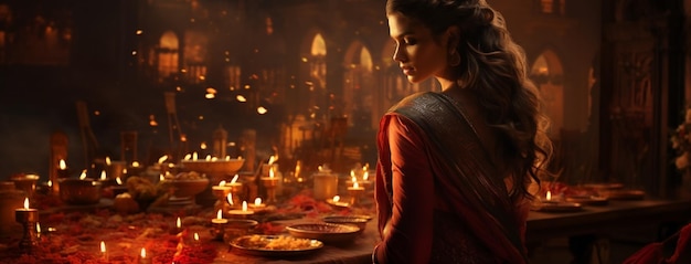 Cute Hindu lady surrounded with colorful candles and traditional oil lamps looking at the front