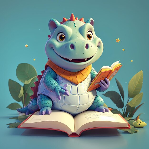 Photo cute hippo and crocodile reading book cartoon vector icon illustration animal education icon concept isolated premium vector flat cartoon style