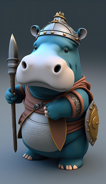 Photo cute hippopotamus animal warrior 3d game model generative ai