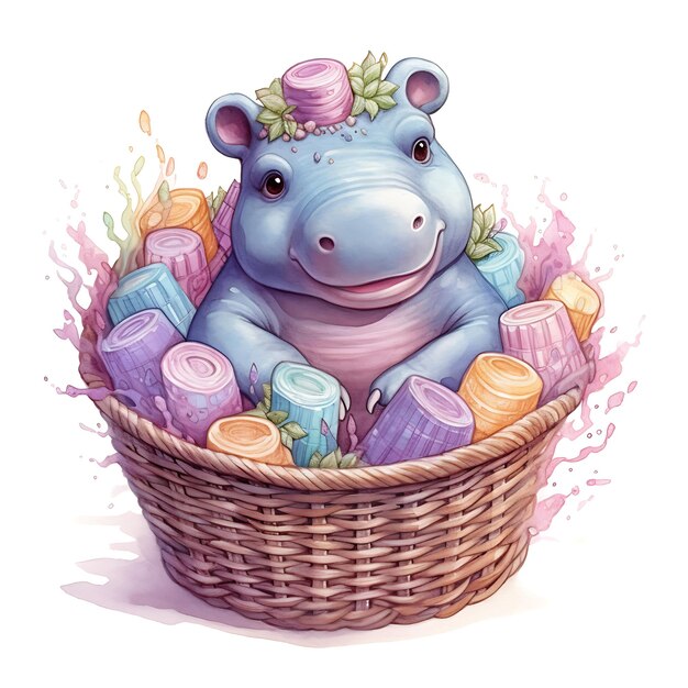 Photo cute hippopotamuss in a basket pastel colors