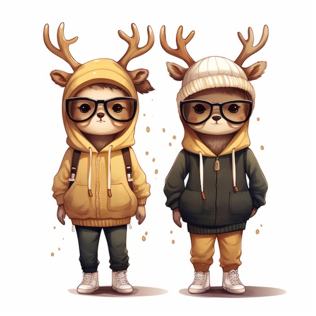 Cute hipster boy and girl with reindeer antlers