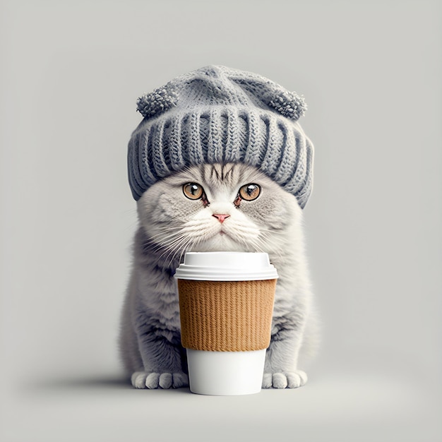 Cute hipster cat wearing a knit wool beanie holding cup of coffee illustartion