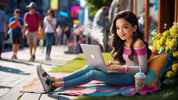 Cute hispanic teenage girl using a laptop and drinking coffee outdoors