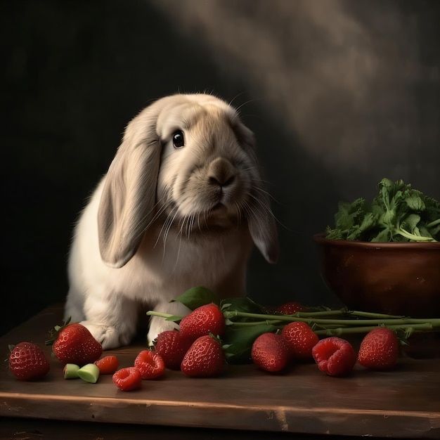 A cute holland lop rabbit with strawberries on the table