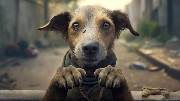 Cute homeless dog begging homeless animals pet concept Generative AI