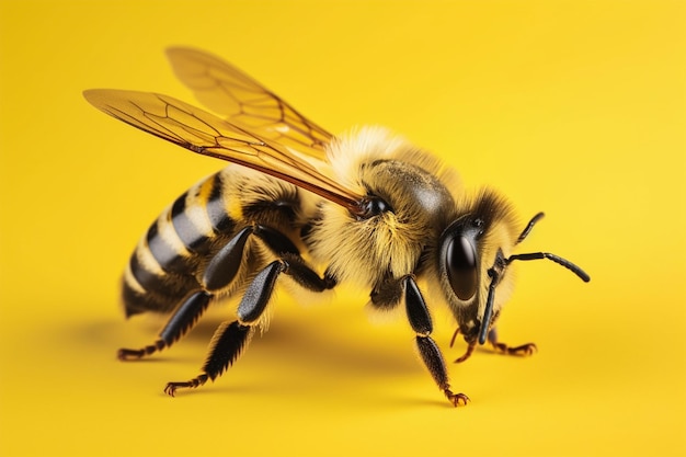 Cute honey bee on yellow isolated background