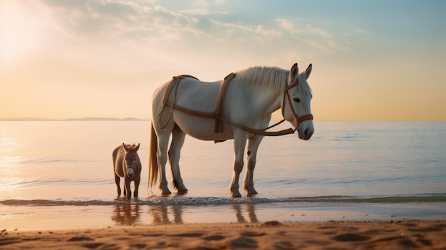 Cute horse with her baby standing river bank animal illustration picture ai generated art