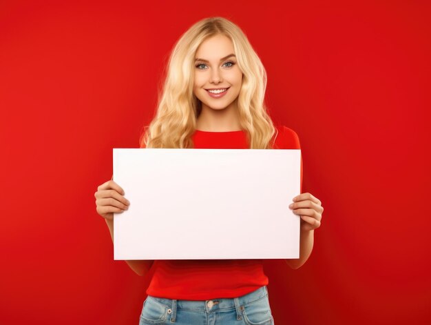 Cute hot young blond woman holding a blank paper sign with frame