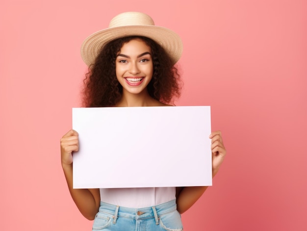 Cute hot young blond woman holding a blank paper sign with frame